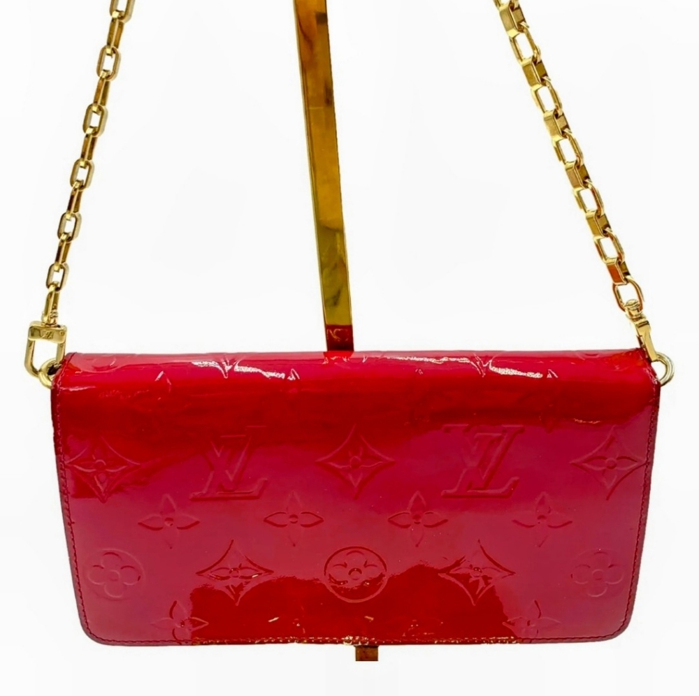 Louis Vuitton Magenta Embossed Vernis Leather Felicie Wallet w/ Gold Chain